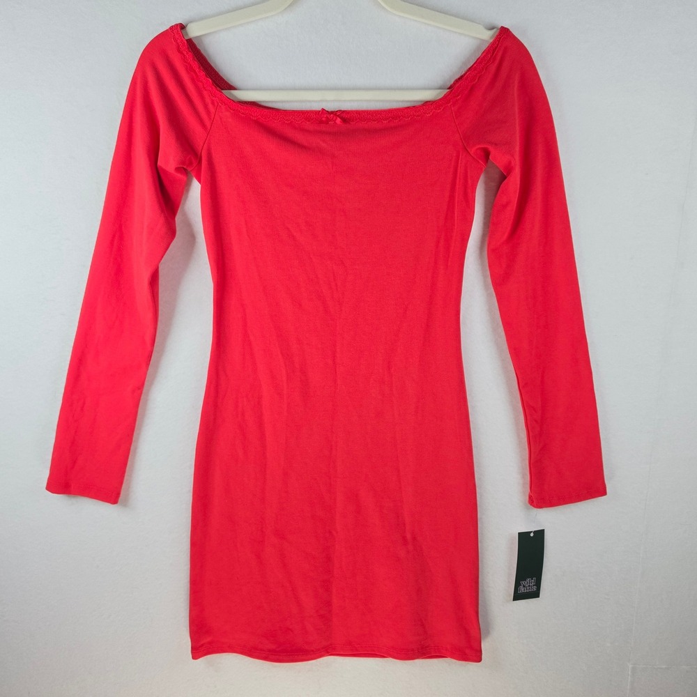 Wild Fable Rose Red Lace Trim Long Sleeve Bodycon Mini Dress Size S NWT